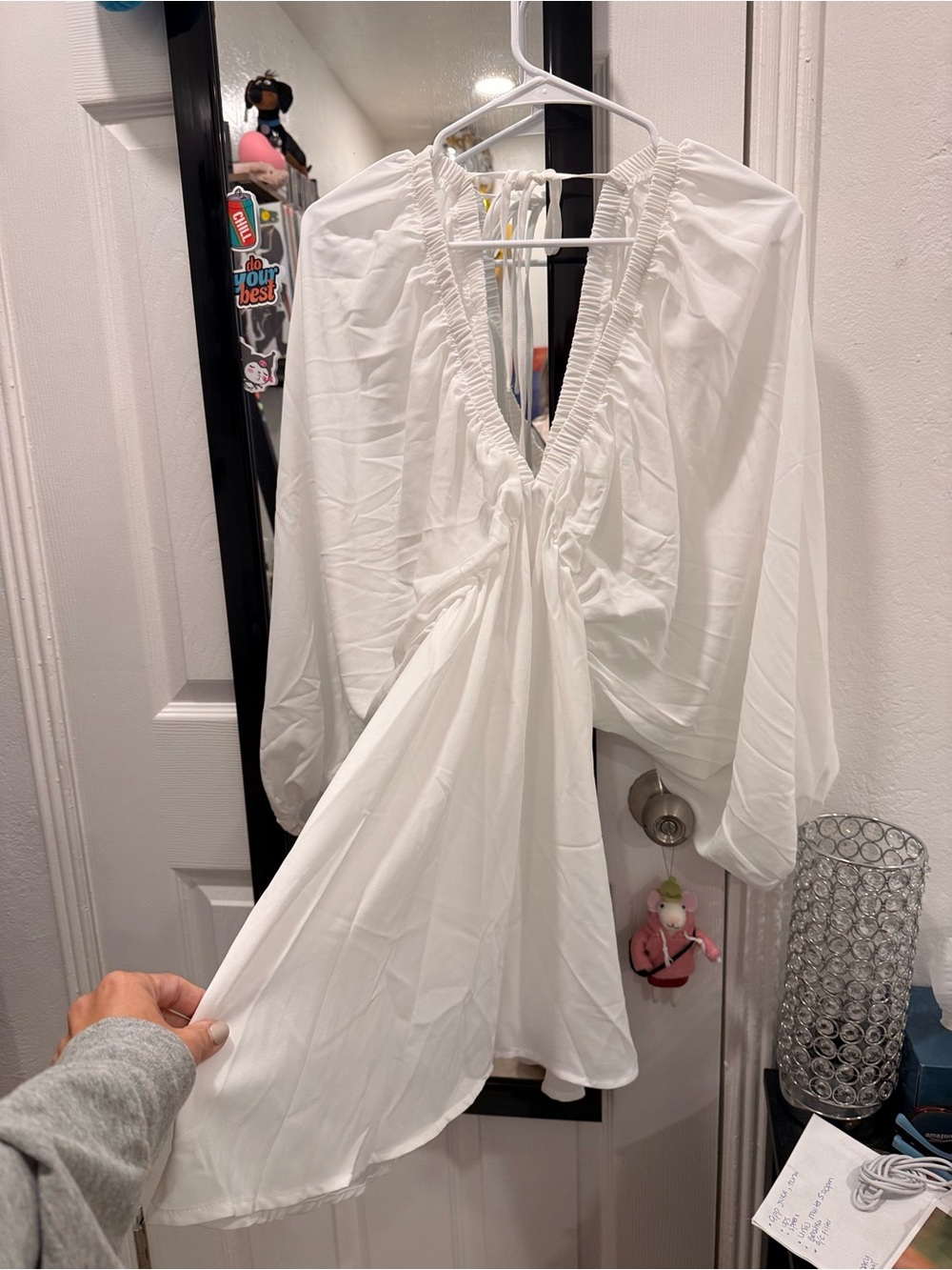 Women's White Deep V Ruched Long-Sleeve Dress NEW. NO TAGS